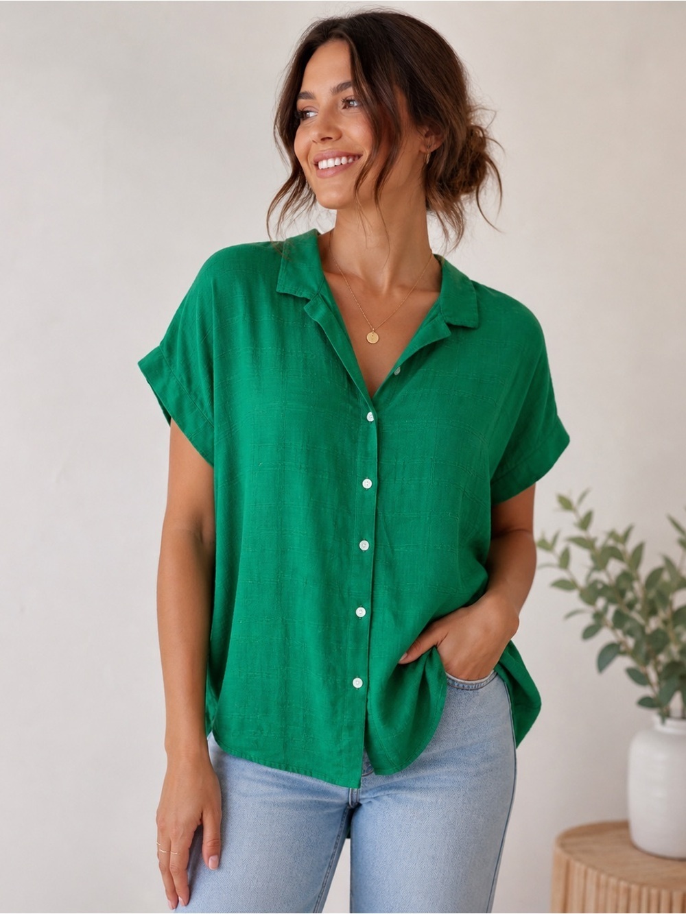 Lucky Brand Green Button Front Blouse Lightweight Textured cotton Top